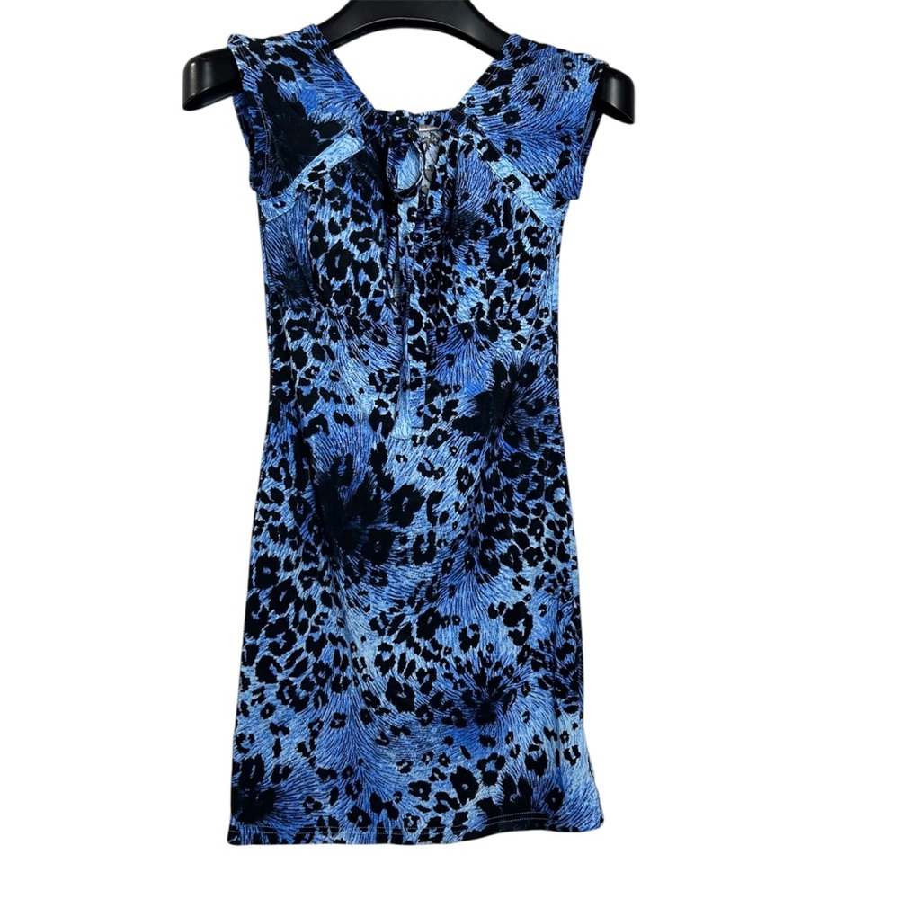Blue Animal Print Mini Dress - Sleeveless Tie Neck